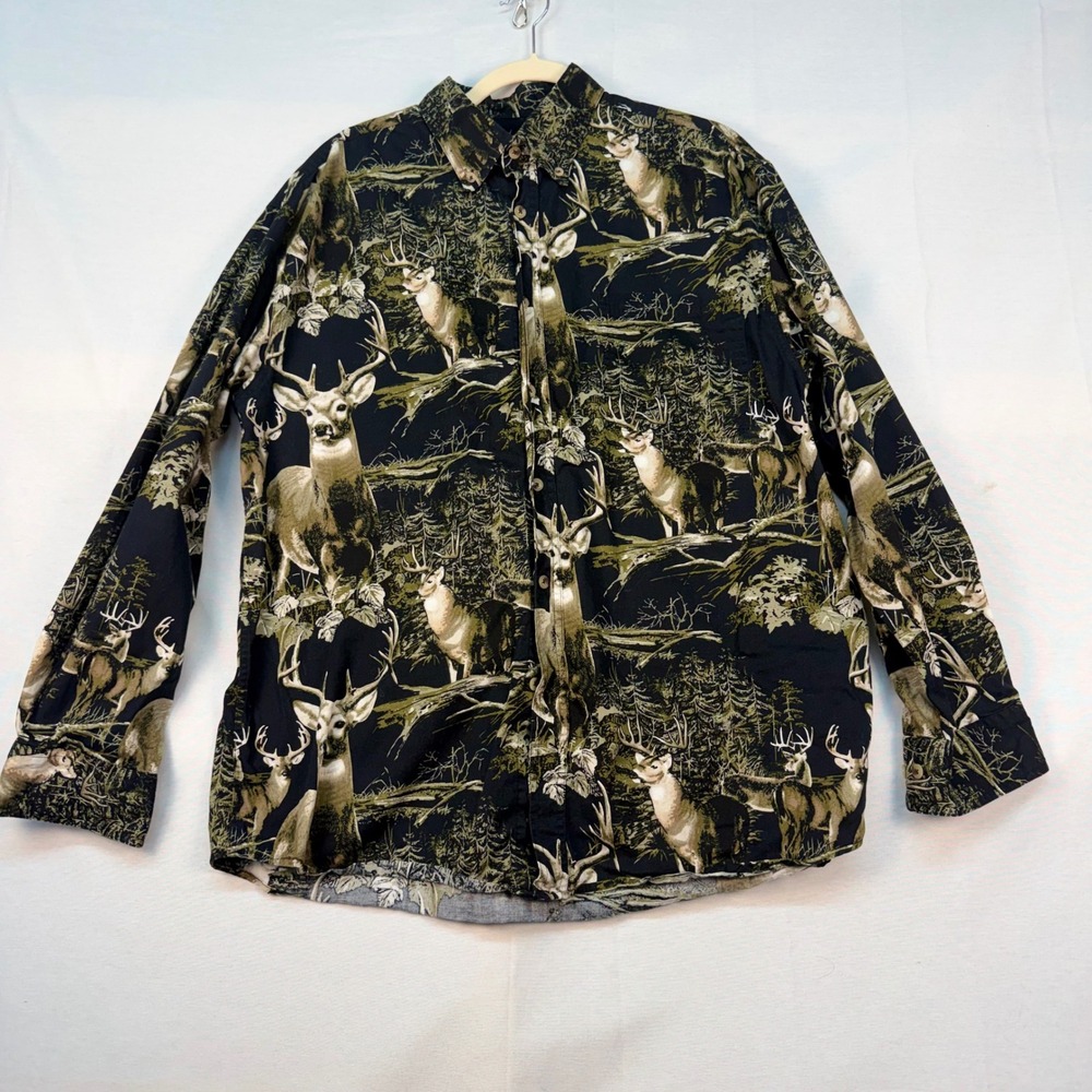 Rugged Earth Outfitters Mens Large Deer Forest Print Cotton Button Down Shirt